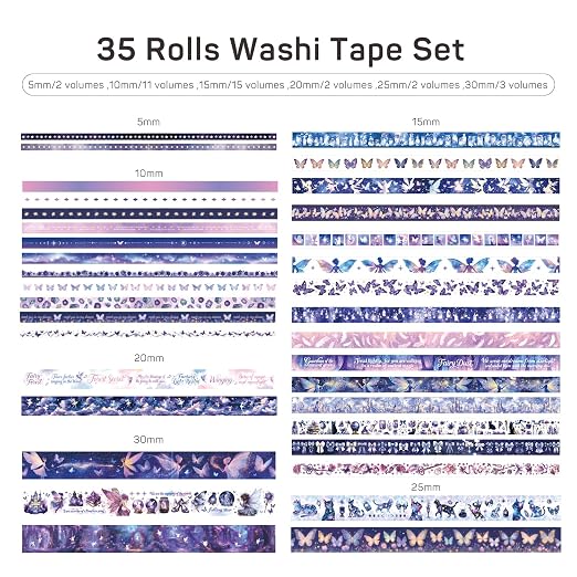 PAGEMORE 35 Rolls Washi Tape Set, Purple Dreamly Butterfly Decorative Tape, Scrapbook Supplies for Junk Journal, Scrapbooking Supplies Decor, DIY Craft Projects Materials for Girls and Women