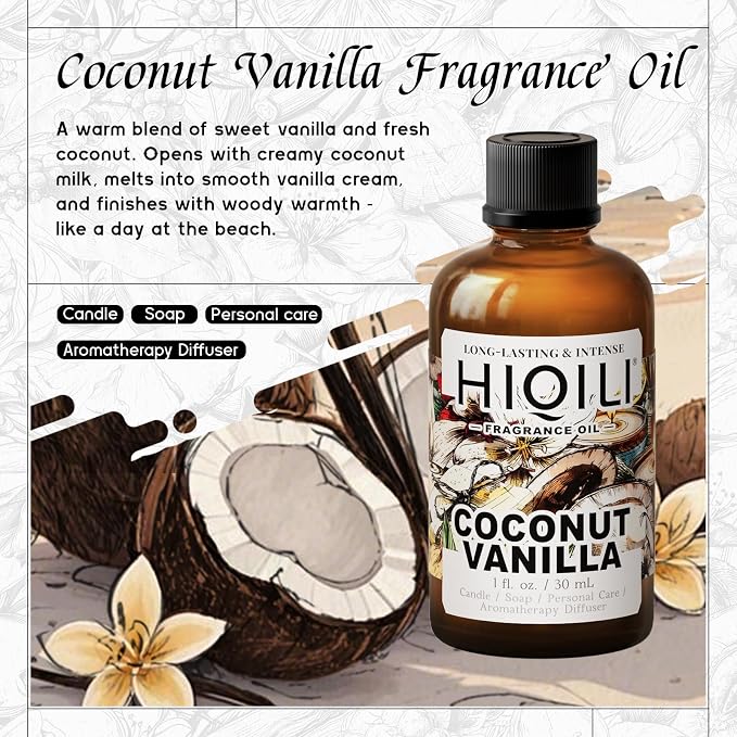 HIQILI Coconut Vanilla Fragrance Oil for Diffuser & Aromatherapy - 1 Fl Oz
