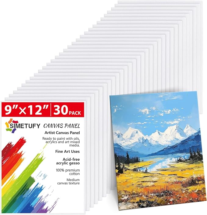 Simetufy 30Pcs 9x12Inch Canvas Boards for Painting Art Panels for Novices | Gesso Primed 100% Cotton Blank for Acrylic Oil Watercolor Tempera Paint