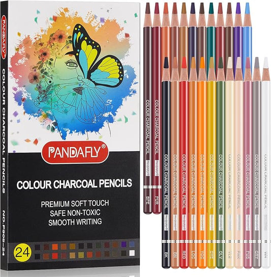 PANDAFLY Professional Colored Charcoal Pencils Drawing Set, 24 Colors | Skin Tone Colored Pencils, Pastel Chalk Pencils for Sketching, Shading, Coloring, Layering & Blending