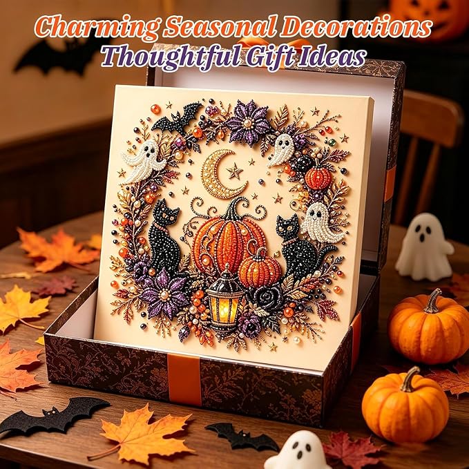 Irsnianianfa Halloween Pearl Art Kit for Adults,Diamond Art Painting Crafts Kit,Spooky Cute Witch & Pumpkin Canvas Art,DIY Fall Home Decor & Wall Art (A02)