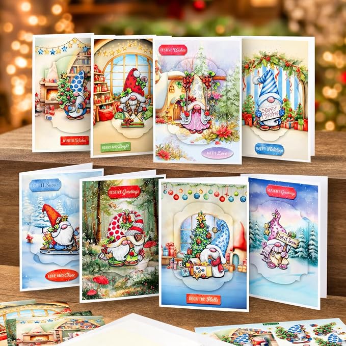 Katy Sue Cosy Christmas Gnomes Card Making Kit, Makes 8 Handmade Holiday Cards, Die Cut Toppers, Backgrounds & Foam Pads Included