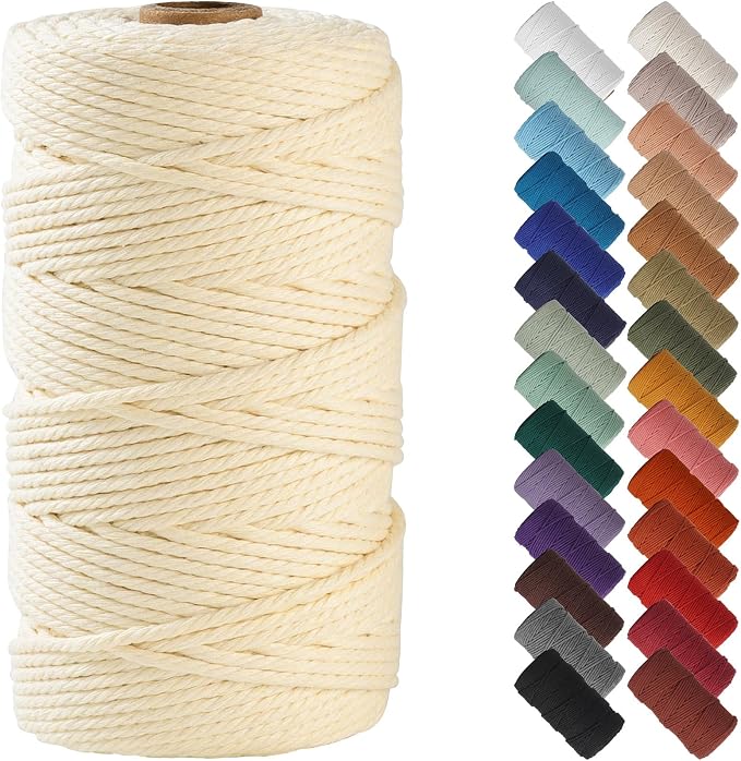 NOANTA Cream Yellow Macrame Cord 3mm x 220yards, Cotton Rope Macrame Yarn | Macrame Rope Supplies, 3 Strand Twisted Cotton Yarn String, Cotton Cord for Wall Hanging, Plant Hangers, Crafts, Knitting