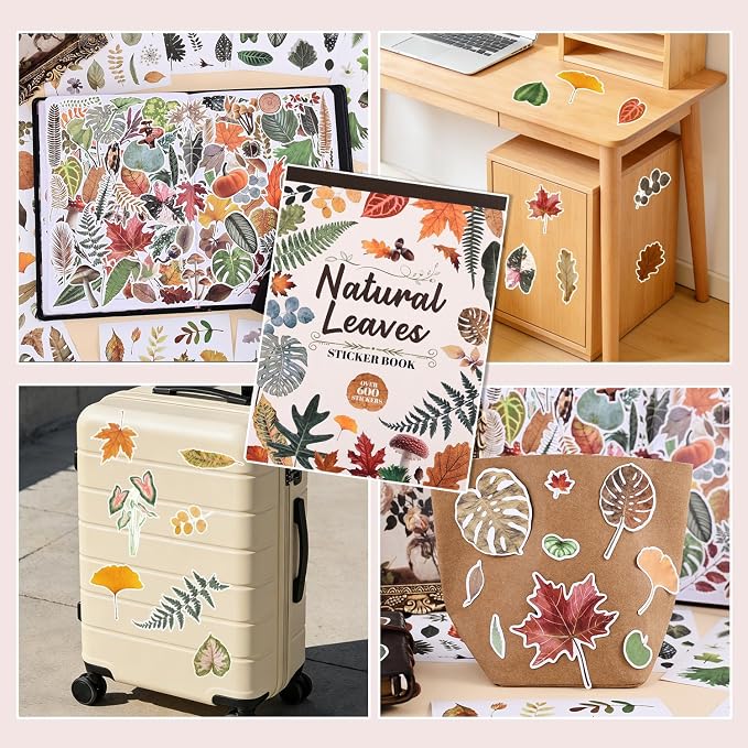 600+ Waterproof Vinyl Leaf Stickers, 30 Sheets Realistic Botanical Foliage Plant Stickers Book for Journaling Scrapbooking Water Bottle Laptop Planner Decoration, Nature-Themed DIY Supplies for Women