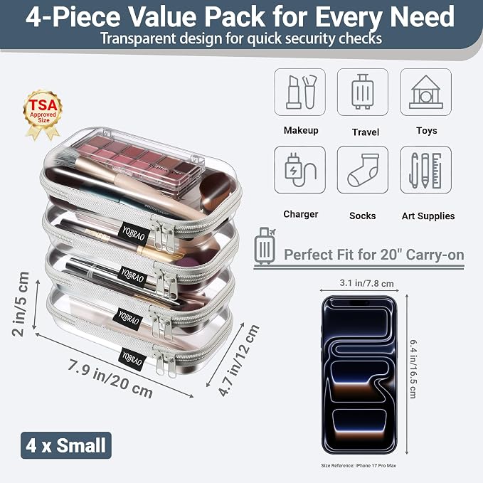 YQBRAO Clear Hard Shell Zipper Cases, 4 Small Cable Organizers, Grey