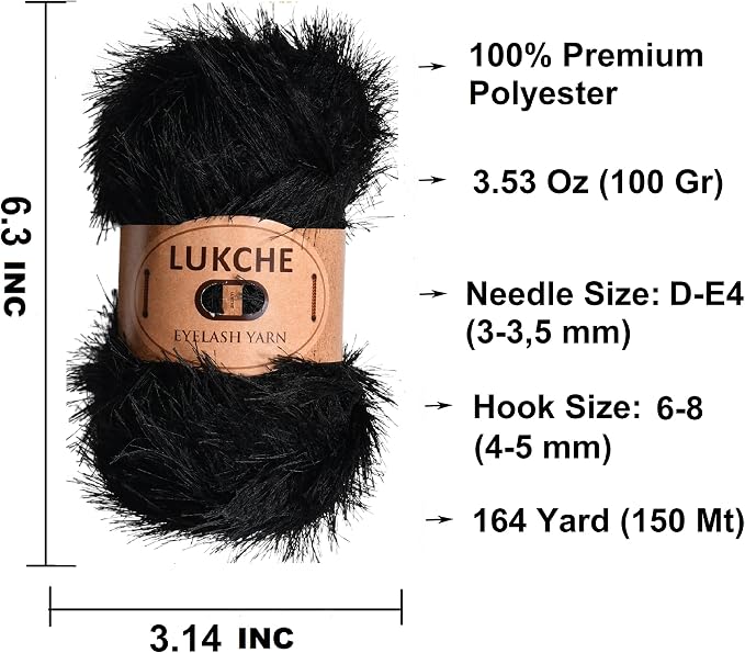 Eyelash Fun Fur Yarn Premium 100% Polyester 164 Yds (150 Mt), 3.53 Oz (100 Gr) Colorful Crochet Yarn Dıy Hand Knitting. (Black, 1 Skein)
