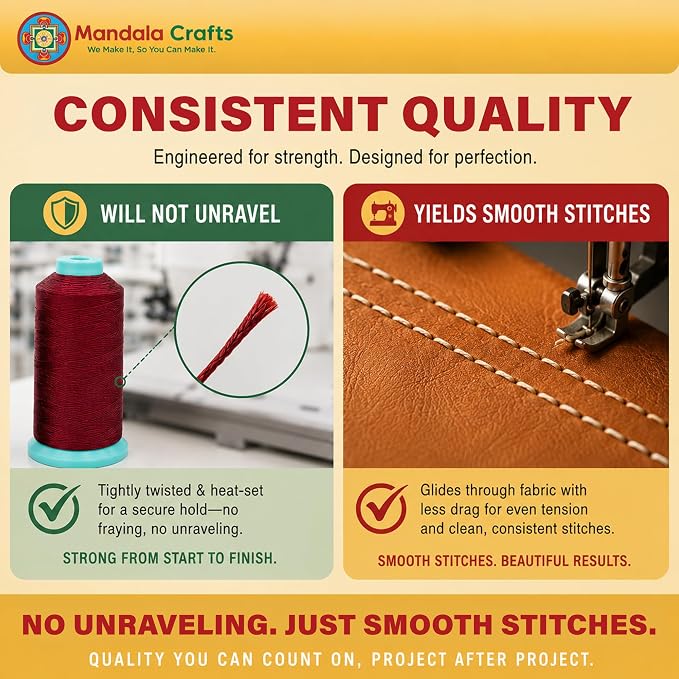 Mandala Crafts White Tex 70 Polyester Heavy Duty Thread for Upholstery | 1500 Yds T70 UV Resistant Strong Thread for Leather Sewing, Marine, Drapery, Jeans, Hair Weaving & Extension, Outdoor