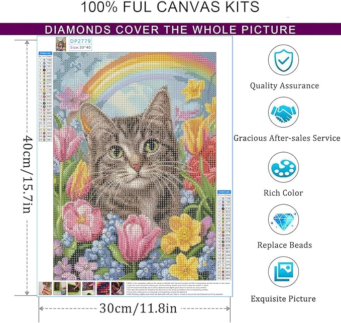 Cat Diamond Art Kits for Adults, 5D DIY Diamond Painting Kits 12x16 inch | Dorwendis Flower 5D DIY Diamond Painting Kits for Beginners, Full Round Diamond Art Kits Craft for Home Wall Decor 12x16 inch