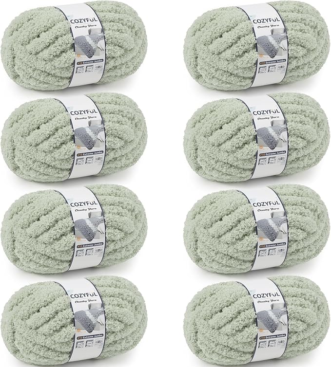 Cozyful Chunky Yarn for Hand Knitting - #10 Chunky Chenille Yarn, Jumbo Big Thick Chunky Yarns for Crocheting, Super Bulky Chunky Knit Blanket Yarns, 8 Skein (22 yds 8 oz Each Skein), Sage Green