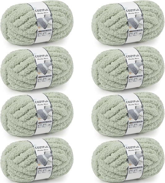 Cozyful Chunky Yarn for Hand Knitting - #10 Chunky Chenille Yarn, Jumbo Big Thick Chunky Yarns for Crocheting, Super Bulky Chunky Knit Blanket Yarns, 8 Skein (22 yds 8 oz Each Skein), Sage Green