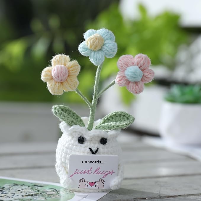 Crochet Sympathy Gifts for Loss of Loved One – No Words, Just Hugs Crochet Puff Flower Plant– Bereavement, Memorial, Get Well Soon, Grief Gift Idea for Loss of Grandpa Grandma Mom Dad