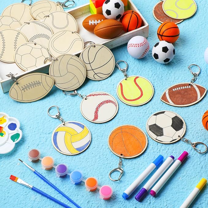 Trnayi 36 Pcs Sports Ball Unfinished Wood Keychains Color Your Own Craft | Sports Ball Wooden Keychains, Color Your Own Unfinished Craft, Blank Wood Painting DIY Crafts, for Home Classroom Art Project