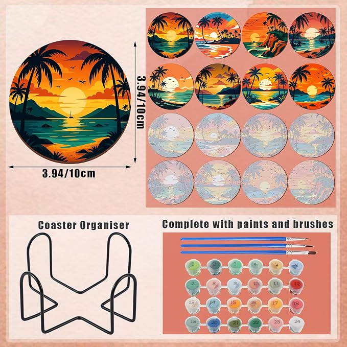 Reallnaive 8 Pcs Beach Paint by Numbers Kit for Adults Coastal Coasters | Mini Paint by Numbers, Tiny Palm Trees Sunset Round Oil Painting Drink Coaster with Holder, for Small DIY Craft Birthday Gift