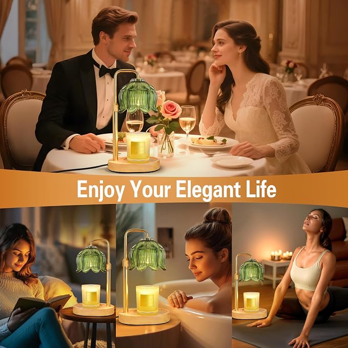 XJZJY Green Flower Candle Warmer Lamp with Timer, Birthday Gifts for Women | Dimmable wax melt warmer with 2 bulbs for jar candles, height adjustable, lotus flower lamp, home decor, housewarming gift