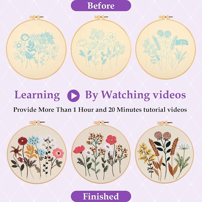 3 Sets Embroidery Kit, Cross Stitch Kits for Beginners, Needlepoint Kits for Adults with Floral Patterns, Hoop, Needles, Threads and Tools, Colorful Threads, Easy to Learn Step-by-Step Guide & Video
