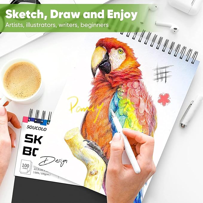 Soucolor 2-Pack 9" x 12" Sketch Book, Spiral Bound for Kids Adults Artists | 200 Sheets 68lb/100gsm Paper Professional Drawing Supplies for Sketch, Charcoal, Colored, Graphite, Pastel Pencils & Sticks