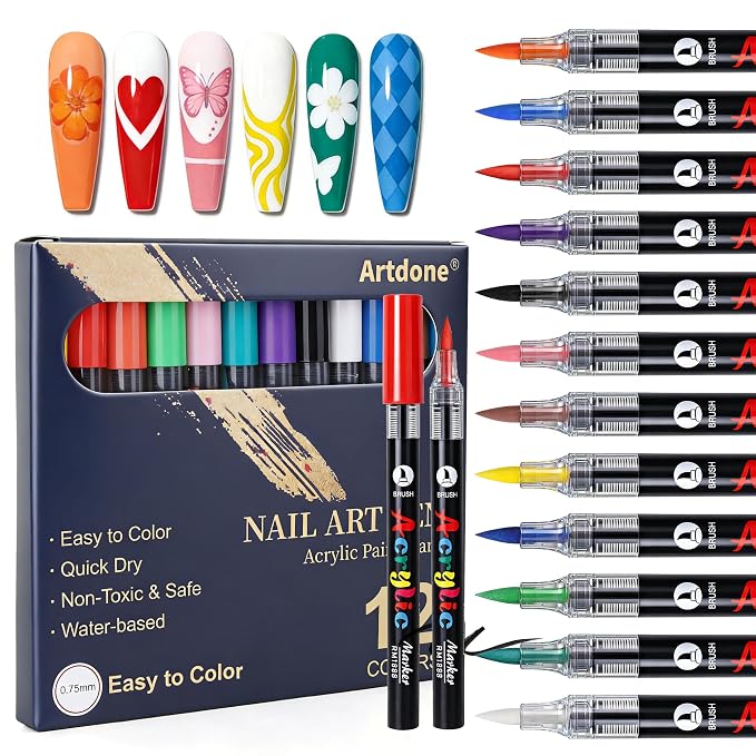Artdone 12 Colors Nail Art Pens Set, 3D Quick-Drying Acrylic Paint Markers Nail Point Graffiti Dotting Drawing Liner Brush for DIY Gel Nail Polish Design Manicure Tools