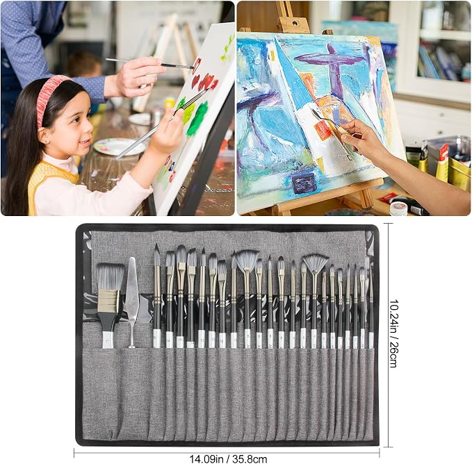 Paint Brushes Set, 24 Pcs Synthetic Acrylic Paint Brushes with Cloth Pouch and Palette Knife, Professional Artist Brushes for Acrylic Painting, Oil, Watercolor, Gouache, Face Painting (Grey)