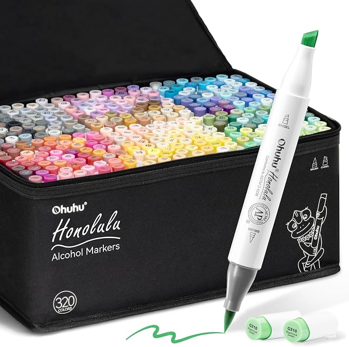Ohuhu Alcohol Markers 320 Colors Brush& Chisel for Adults Cozy Coloring | AP Certified Refillable Art Marker, Dual Tips Alcohol-based Drawing Markers for Artist Beginner Illustration Sketch, Honolulu