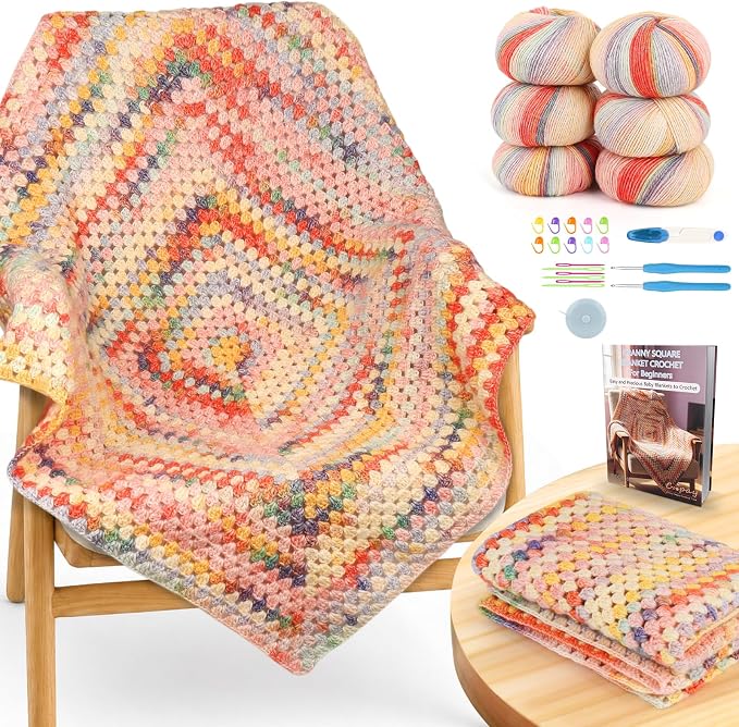 Coopay Crochet Kit for Beginners, Variegated Granny Square Blanket Kit