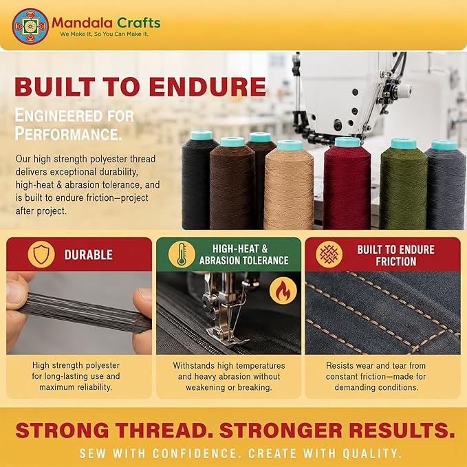 Mandala Crafts Ivory Tex 70 Polyester Heavy Duty Thread for Upholstery | 1500 Yds T70 UV Resistant Strong Thread for Leather Sewing, Marine, Drapery, Jeans, Hair Weaving & Extension, Outdoor