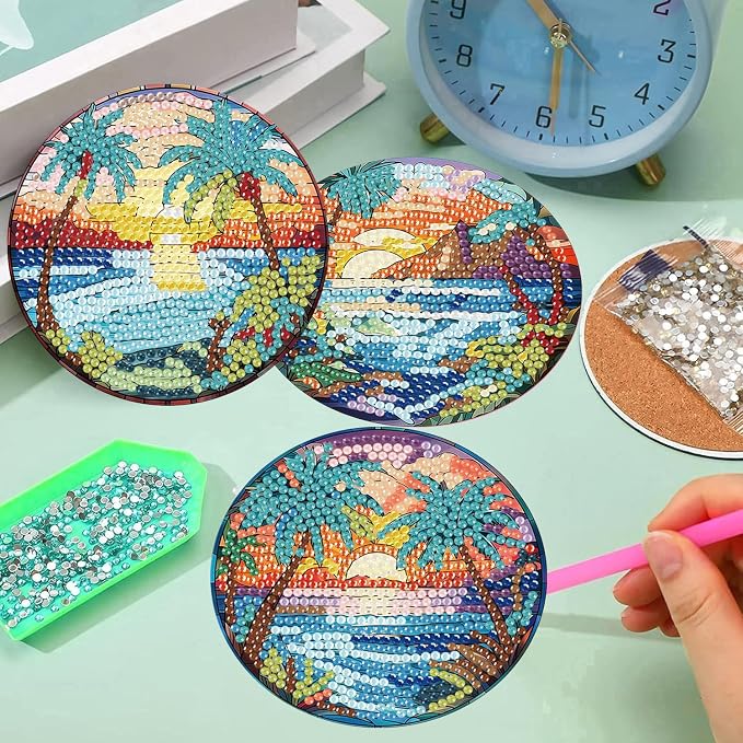 8 Pcs Diamond Art Coasters Kits, Beach Diamond Painting Coasters Kits