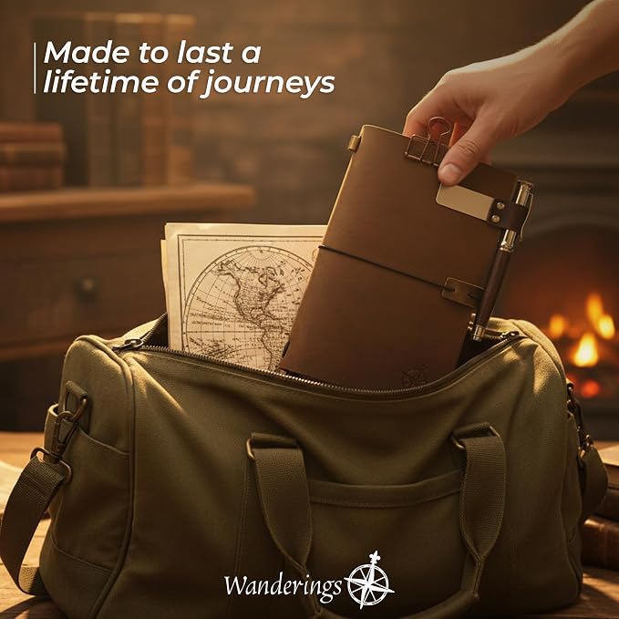 WANDERINGS A5 Travelers Notebook Bundle – 6" x 8.5" (15 x 22cm) – Genuine Leather Journal with Pen Holder, Pen, 2 Ink Refills, PVC Folder & Binder Clip