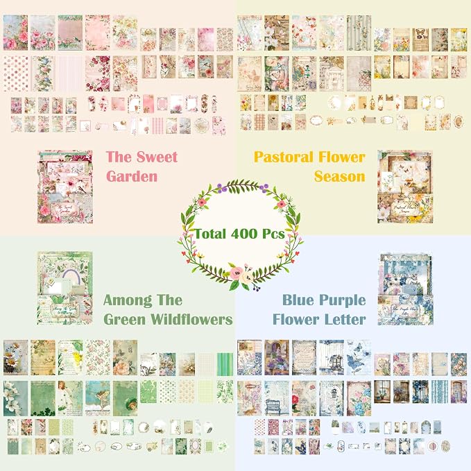 400 Sheets Floral Scrapbook Paper, 4 Packs Junk Journal Scrapbooking Supplies for Journaling, Scrapbooking Embellishments, Planner, Card Making, Collage