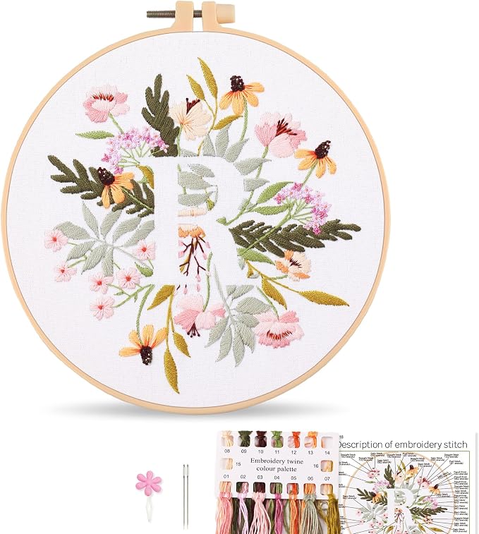 Harimau Letter R Pattern Embroidery Kit for Adult Beginners, Complete Starter Pack with 1 Hoop, Needles, Instruction Guide & Embroidery Stitch Video Tutorials
