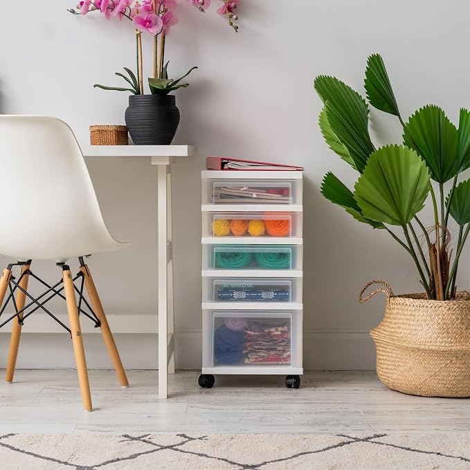 IRIS USA 5-Drawer Rolling Storage Cart with Organizer Top, White/Clear