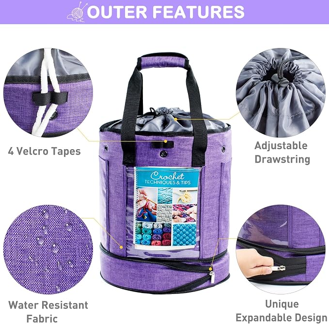 MYBAGZING Expandable Yarn Storage Organizer, Crochet Bag & Yarn Tote with Zipper Closure, Yarn Holder for Crocheting and Knitting for Yarn Skeins, Hooks, Needles,Accessories – Gift for Crafters