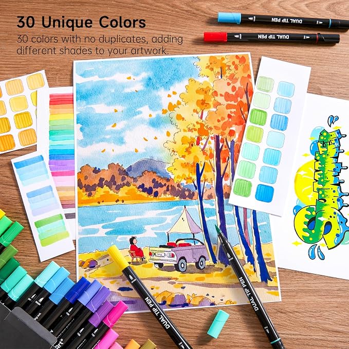 Shuttle Art Dual Tip Brush Marker Pens 30 Colors Water-based Ink | Double-ended with Fine Tip & Brush Tip, Great for Hand Lettering, Drawing, Bullet Journal and DIY Crafts for All Skill Levels