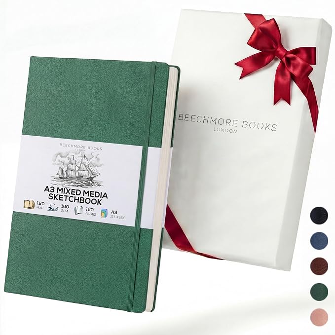 Beechmore Books A3 11.7x16.5 Mixed Media Sketchbook 160 GSM/98lb, Gift Box | Hardcover Drawing Pad with Lay-Flat Binding, Extra Large Perforated Ivory Paper for Studio Drawing & Watercolor Work