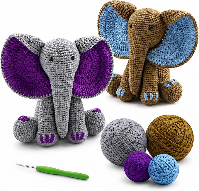 JYZJDKE Crochet Kit for Beginners Adults - DIY Amigurumi Elephant Knitting Starter Kit with Yarn Sets, Crochet Animal Kit Cute Stuffed Animal Craft Birthday Gifts (Grey Purple+Coffee Blue Elephant)