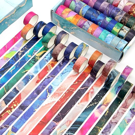 Mooker 48 Rolls Washi Tape Set - Decorative Masking Tape Colored Marbling Patterns, Adhesive Artists Tapes for Journaling Supplies, DIY Crafts, Scrapbooking, Junk Journal Supplies, School Supplies