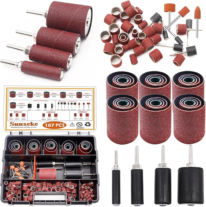 187-Piece Sanding Drum Kit for Drill & Drill Press – Includes 2inch Spindle Sander Sleeves (60/80/120/240 Grit), 4 Rubber Sanding Drums, 1/4-Inch Shank,Versatile Sander Accessory with Box