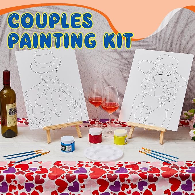 Yeaqee 13 Pcs Sip and Paint Kit for Adults Stretch Canvas Date Night Valentines Painting Kit Supplies Art Painting Set Outline Design Blank Stretch Canvas for Couple Party(Elite Couple,11x14)