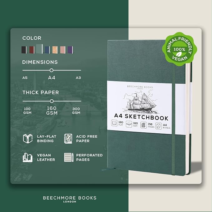 Beechmore Books A4 8.5x11 Mixed Media Sketchbook 160 GSM/98LB with Gift Box | Hardcover Art Journal with Lay-Flat Binding, 156 Perforated Ivory Pages for Drawing, Ink & Light Watercolor