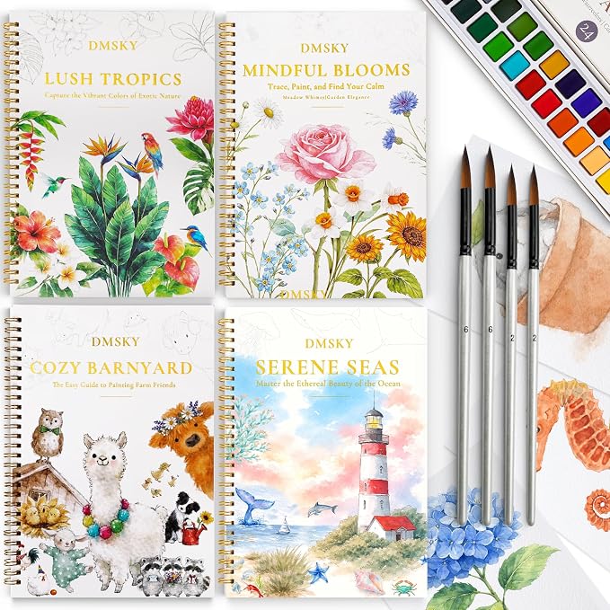 4 Pack Watercolor Workbook,Water Colors Paint Adult Set for Beginner with Step by Step,Relaxing & Easy to Paint Water Coloring Book with 24 Colors,Perfect for Gifting to Creativity & Joy for Adults