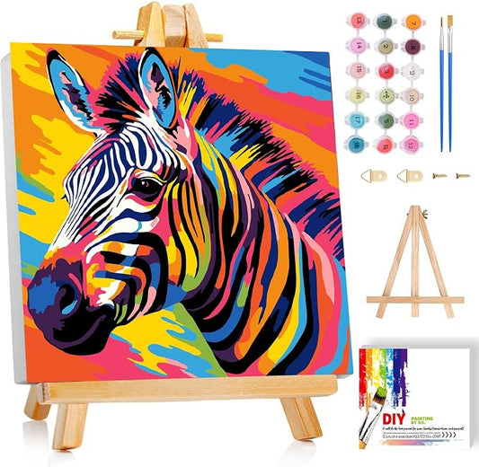 ajepon Zebra Paint by Numbers Kit for Kids with Frame - Zebra Paint by Number for Kids, Kid Painting by Number Kits Age 6-8 for Home Wall Decor 8X8inch (with Wooden Easel)