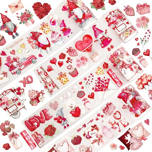 JarThenaAMCS 39.2Ft Valentine's Day PET Washi Tape 4 Rolls Pink Red Love Heart Gnome Transparent Adhesive Masking Tape for Cut & Use as Wedding Stickers Scrapbook Journal DIY Crafts Wrapping