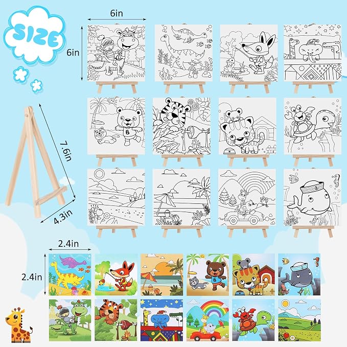 Tenceur 12 Sets Pre Drawn Canvas to Paint Adult Stretched Coloring Painting Canvas Panels with Design Easel and Brushes for Party Supplies Beginner Favor(Cute Style)