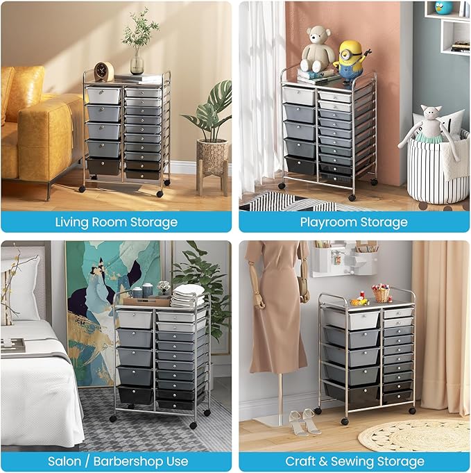 Giantex 15 Drawers Rolling Cart, Classroom Organizers, Storage Cart with Wheels, for Teacher Office Home School Supplies Tool Craft Art Paper