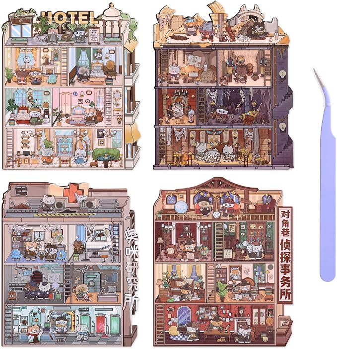 Girls 3D Miniature Scene Stickers, 4 Sets Magic Apprentice DIY House Stickers for Archaeological,Detective,Laboratory,Hotel,Cute 3D Cartoon Scene Stickers for Adult Kids Relief Stress Pass The Time