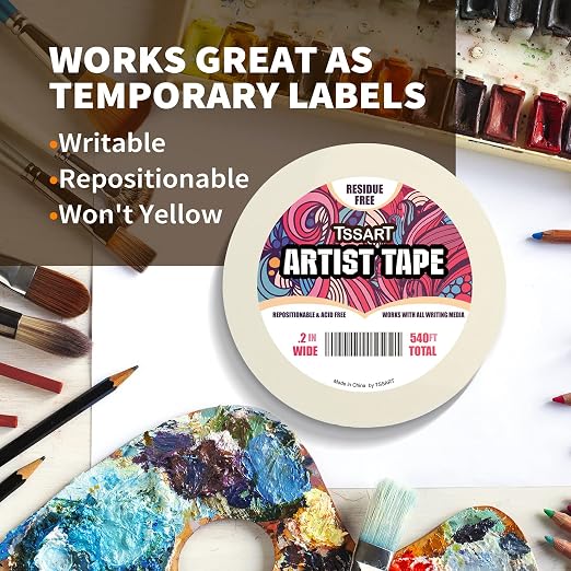 3 Pack White Artist Tape - Masking Artists Tape for Drafting Art Watercolor Painting Canvas Framing - Acid Free 0.2 Inch Wide 180FT Long