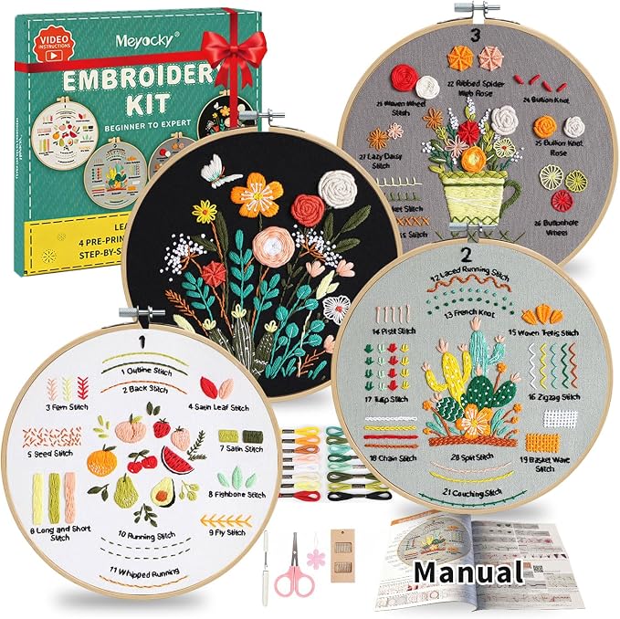 Meyocky Embroidery Kit for Beginners to Learn 31 Basic Stitches, HD Videos | 4-Piece Beginner Embroidery Kit for Adults, Starter Practice, Pre-Printed Patterns, Step-by-Step Guide, Craft Lover Gift