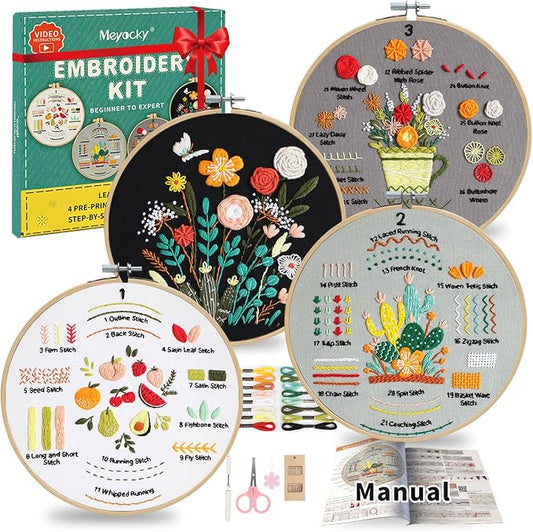 Meyocky Embroidery Kit for Beginners to Learn 31 Basic Stitches, HD Videos | 4-Piece Beginner Embroidery Kit for Adults, Starter Practice, Pre-Printed Patterns, Step-by-Step Guide, Craft Lover Gift