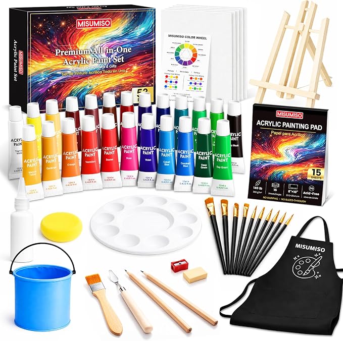 MISUMISO Acrylic Paint Set for Beginners - 24 Colors Painting Kit with Canvas Panels, Easel, 10 Brushes, Apron, Palette & Accessories - Art Kit Painting Supplies for Adults Kids Teens, Gift Set