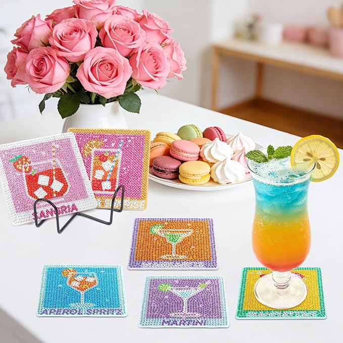 UPINS 8Pcs Cocktail Diamond Art Coasters,Summer Beach Diamond Art Coasters with Holder for Adults DIY Drink Bar Party Home Warming Gifts