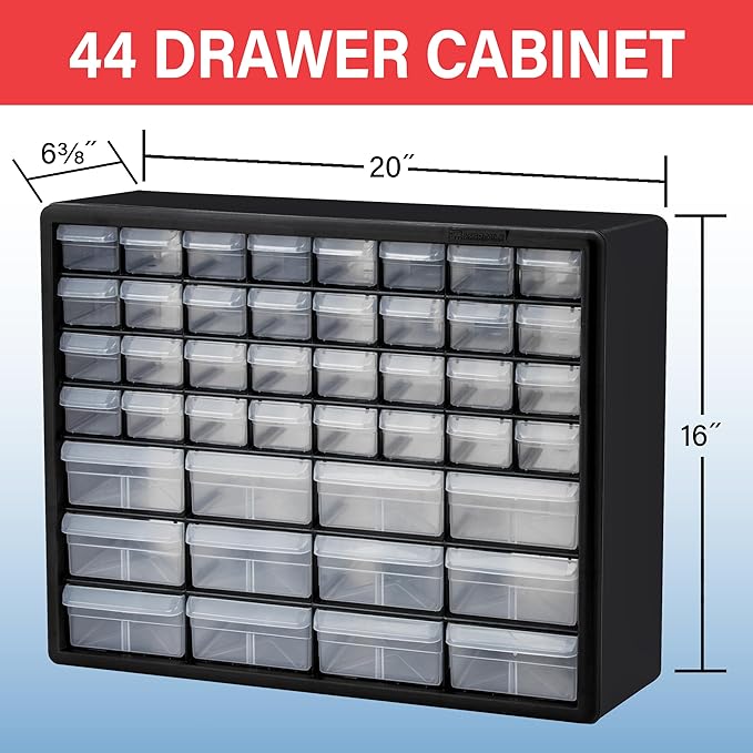 Akro-Mils 44-Drawer Plastic Storage Cabinet, 20" W x 6" D x 16" H, Red | Plastic Cabinet w/ Drawers for Garage Organization, Beads, Building Bricks Storage, Teacher Toolbox, Makeup Organizer, 10144